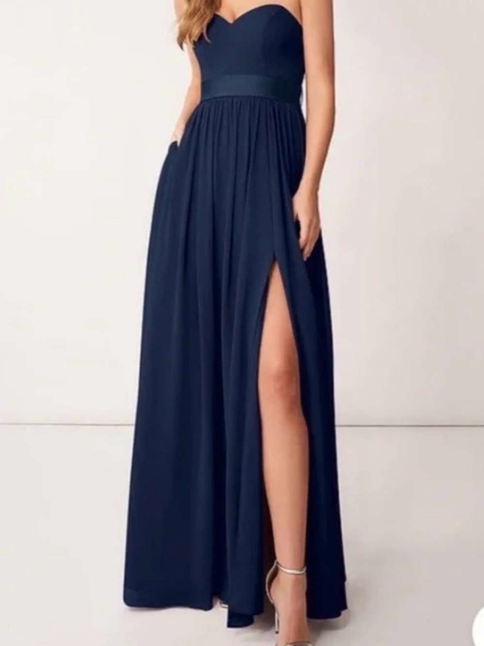 Azazie Bridesmaid Wedding Strapless Navy Formal Gown with High Slit (org. $109)